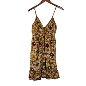 Mishu Womens Batic Babydoll Mini Dress XS Brown Boho Festival Cotton Smocked